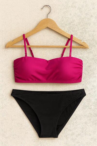 RAPAPA Women's Fuchsia Strapless Bikini Set – Black Bottom, Adjustable Straps 1440-60