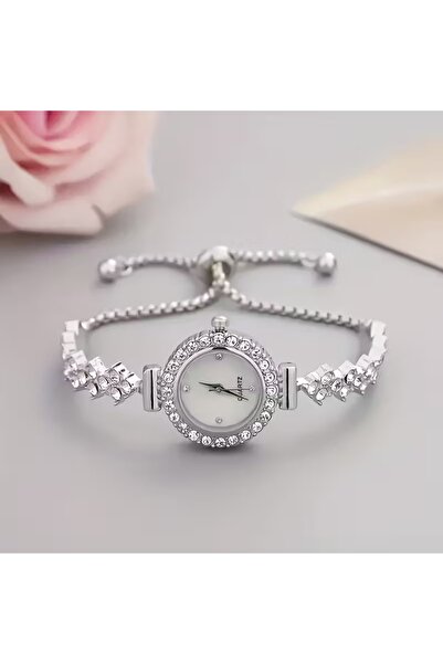 Feronnucci ساعة يد نسائية من الزركون باللونين الرمادي والذهبي + سوار هدية B208