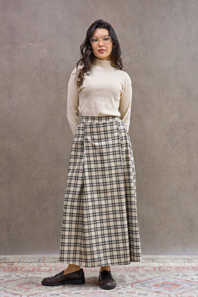 KÜÇÜĞÜM BUTİK Cream Brown Striped Double Pleated Plaid Skirt