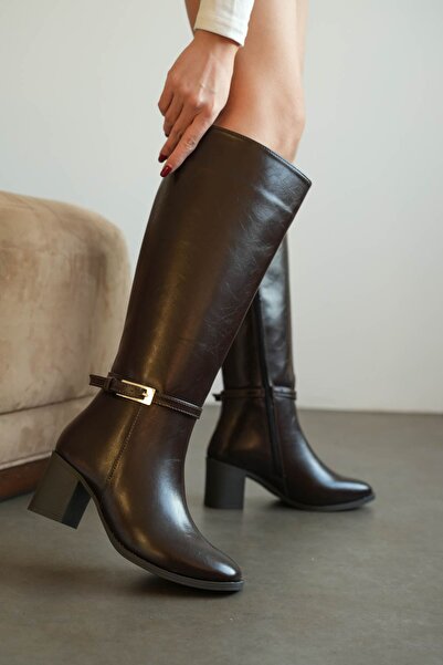 MODAADAM Γυναικείες μπότες με κοντό τακούνι Luvec - Καφέ-Δερμάτινο