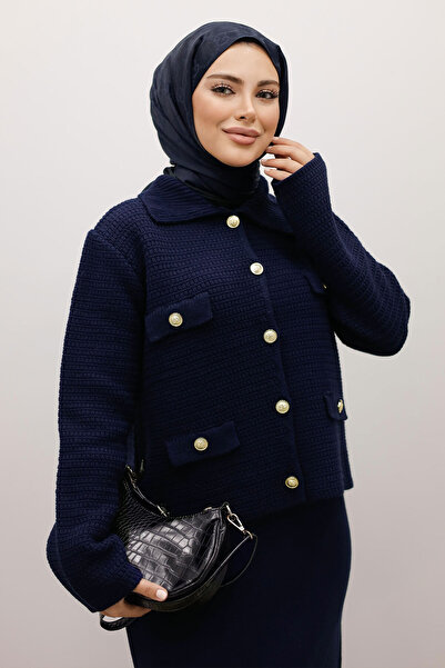 Tesettür Dünyası Ornamental Pocketed Knitwear Cardigan Tsd250243 Navy Blue