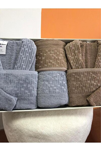Çeyiz Diyarı Su Yolu 8 Piece Family Bathrobe Set Light Gray - Dark Beige