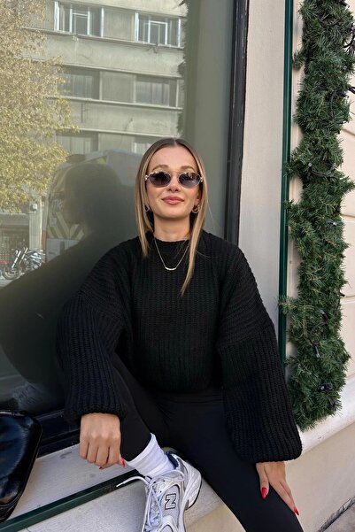 HARMONY GLOBAL Women's Black Balloon Sleeve Thick Thessaloniki Knit Oversized Sweater – Soft Texture, Keeps Warm 1700