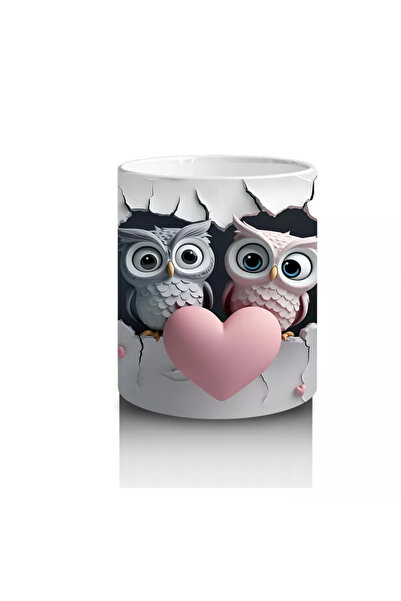 Wisdom Rain Couple of Owls Looking at a Cracked Floor Holding a Heart Figure - Printed Coffee Mug