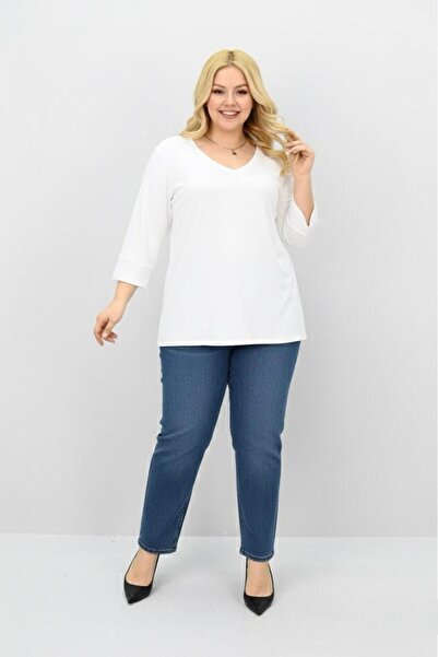 Koza Butik Women's Plus Size Banded V-Neck Blouse 1919-25