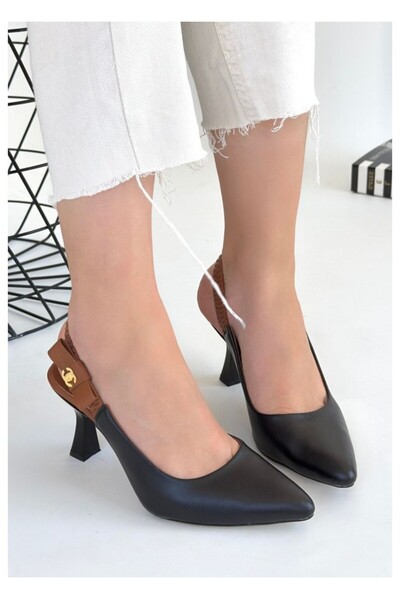 TUBA TOPTAŞ Pointed Toe Open Back Slingback Tan Chain Buckle Goblet Heel Women's Shoes