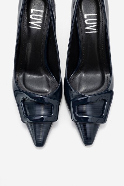 LuviShoes Astra Navy Blue Striped Buckle Women's Heeled Shoes