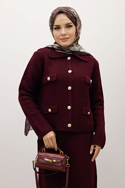 Tesettür Dünyası Ornamental Pocketed Knitwear Cardigan Tsd250243 Plum