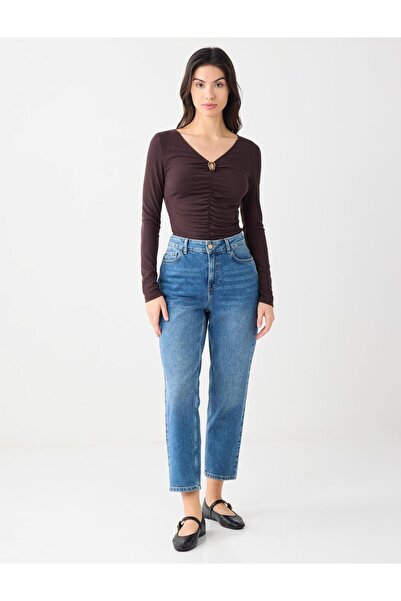 Jimmy Key Bitter Brown V-Neck Long Sleeve Ruched Detail Knitted Blouse