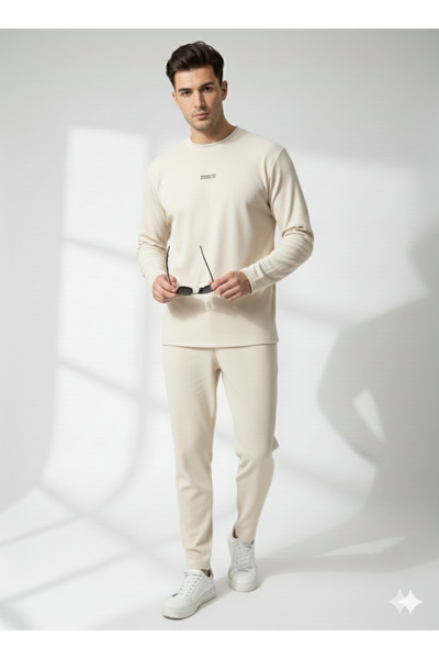 ribana Unisex Crew Neck Embossed Printed Inside Cotton Pocketed Top and Bottom Set