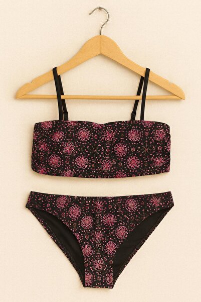 RAPAPA Women's Patterned Strapless Bikini Set – Black Pink Stretch Fabric 1440-P