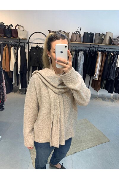 Ecenin Favorileri Beige Women's Sweater with Scarf Detail