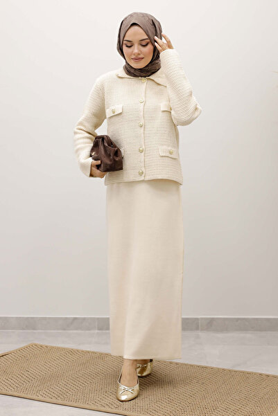 Tesettür Dünyası Ornamental Pocketed Knitwear Cardigan Tsd250243 Beige