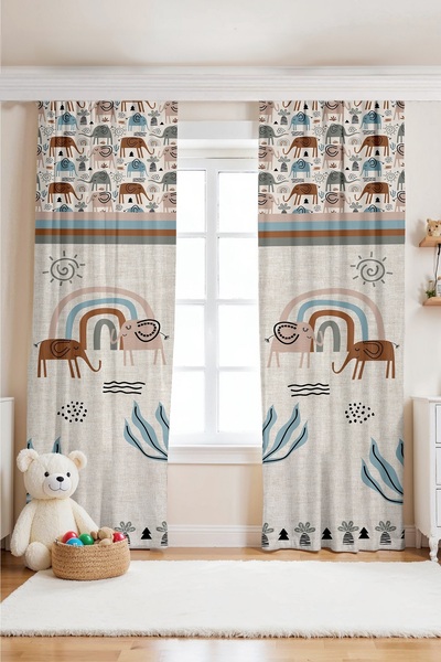 EVPANYA Antique Line Safari Patterned Children's Baby Room Background Curtain (Single Panel Pricing)