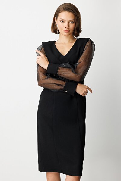 Ekol Women's Stone Sleeves V-Neck Midi Dress 4025 Black