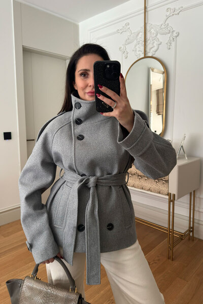 MAGARDE Mock Neck Button Belted Cashmere Jacket - Gray