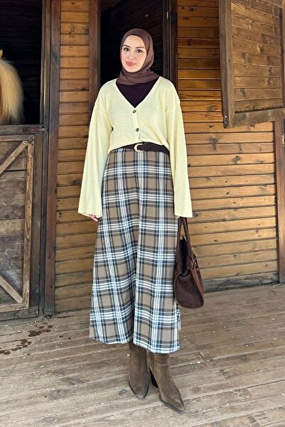 Ceylan Otantik Caramel Plaid Flared Skirt