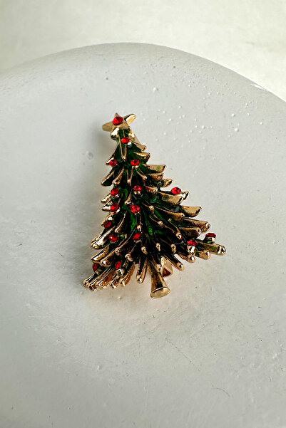 Modex Yılbaşı Özel Taş Detay Minimal Yeşil Çam Ağacı Broş (4cm)