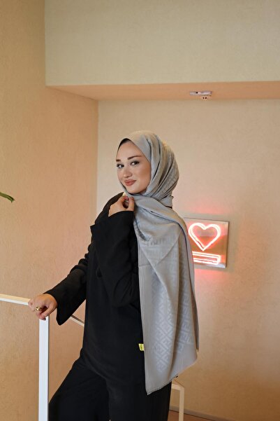 Şalland F Pattern Wool Cashmere Shawl Light Gray