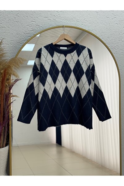 MİHRA STORE Fionna Baklava Patterned Knitwear Sweater-Zi̇5589 Navy Blue