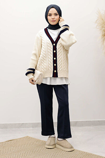 Tesettür Dünyası Hair Braid Patterned Knitwear Cardigan Tsd250255 Beige