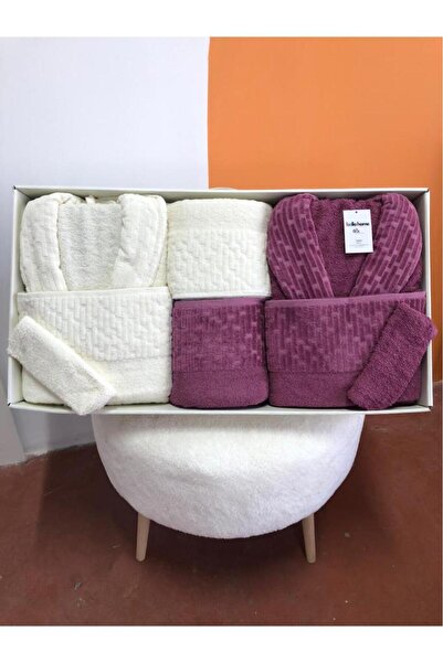 Çeyiz Diyarı Su Yolu 8 Piece Family Bathrobe Set Cream - Plum