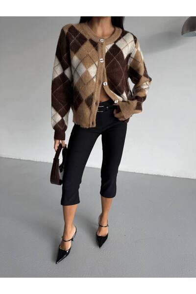 ossons Baklava Patterned Crew Neck Jacquard Cardigan