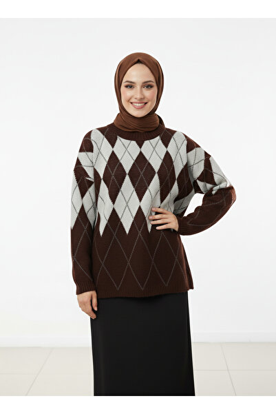 MİHRA STORE Fionna Baklava Patterned Knitwear Sweater-Zi̇5589 Brown