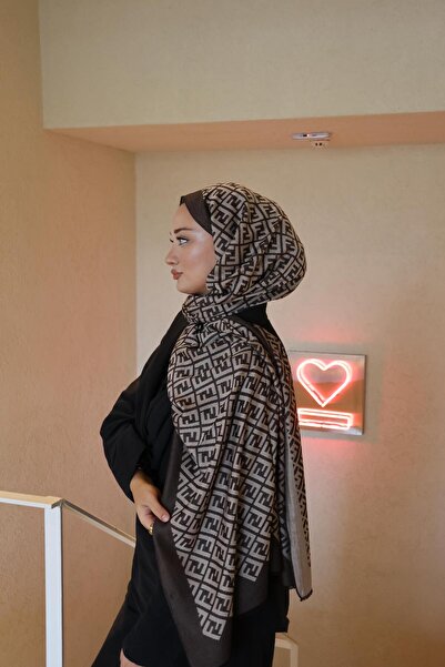 Şalland F Pattern Wool Cashmere Shawl Bitter Brown