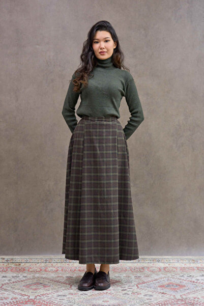 KÜÇÜĞÜM BUTİK Brown Green Double Pleated Plaid Skirt