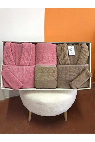 Çeyiz Diyarı Su Yolu 8 Piece Family Bathrobe Set Dark Beige - Dusty Rose