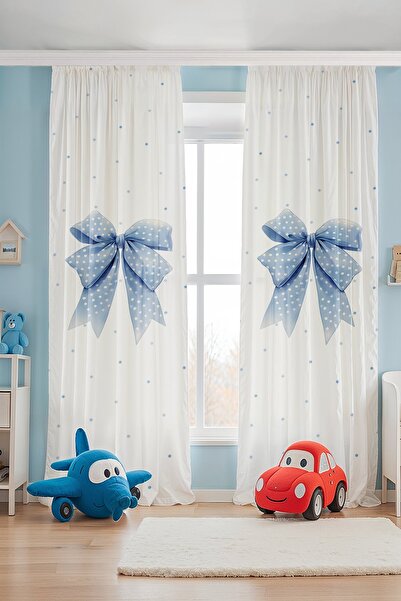 EVPANYA Blue Polka Dot Bow Patterned Children's Baby Room Background Curtain (Single Panel Pricing)