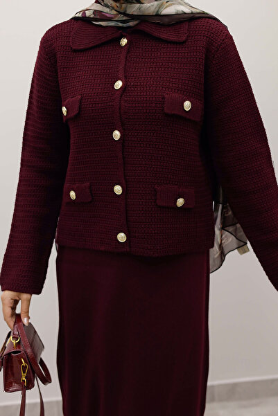 Tesettür Dünyası Ornamental Pocketed Knitwear Cardigan Tsd250243 Plum