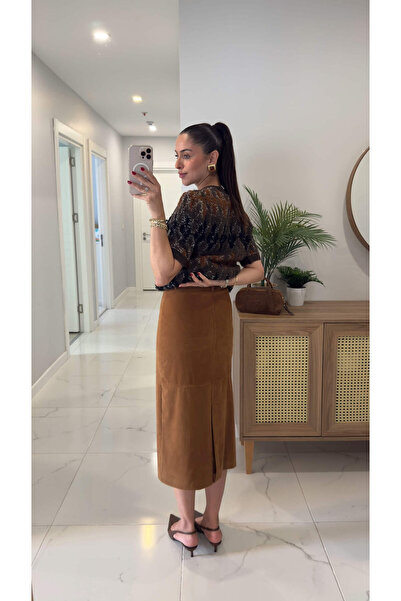 BİRCANÇİL Odera Camel Slit Suede Skirt