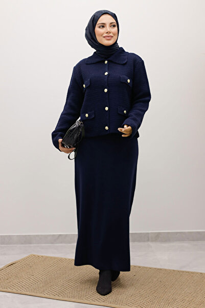 Tesettür Dünyası Ornamental Pocketed Knitwear Cardigan Tsd250243 Navy Blue
