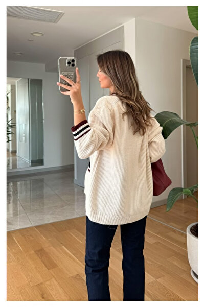 My Blog Cream - Burgundy Colored Pocket Cardigan - 241143