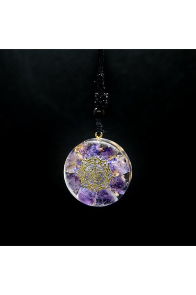 Ezera Orgone Pendant 'IKE' by Ezera, Amethyst & Purple Shell Pieces with Sri Yantra Symbol, 3.6 cm