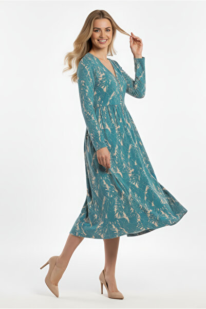 Kyron Women's V-Neck Patterned Viscose Dress- Long Sleeve/Stylish and Comfortable Use/New Trend/Different Color Options