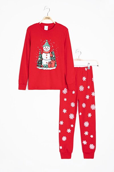 Cansın Mini Red Christmas Themed Long Sleeve Children's Pajama Set 23397