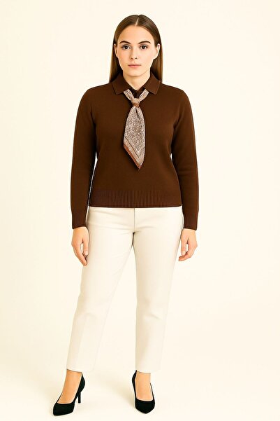 Sfg Life Moda Women's Shirt Collar and Scarf Detailed Knitwear Polo Sweater