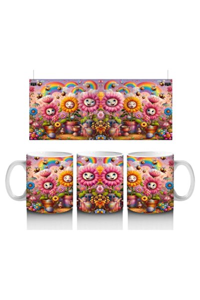 Wisdom Rain Mug with Cheerful Face Flowers and Rainbow Pattern That Makes Chi...
