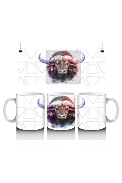 Wisdom Rain رسم توضيحي لبقرة على طراز الألوان المائية على خلفية مثلثة - كوب قهوة مطبوع