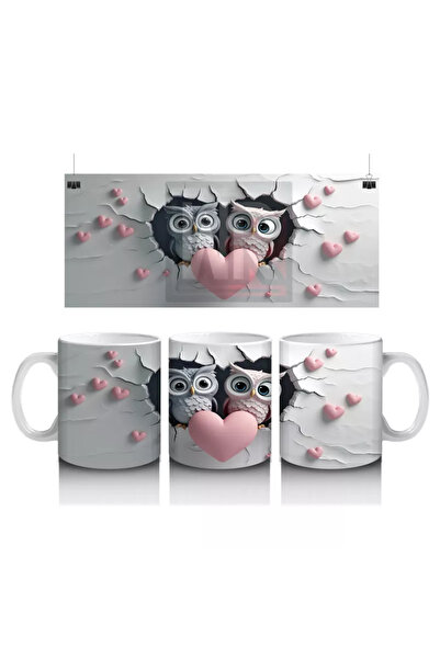 Wisdom Rain Couple of Owls Looking at a Cracked Floor Holding a Heart Figure - Printed Coffee Mug