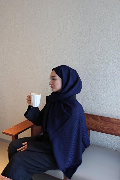 Şalland F Pattern Wool Cashmere Shawl Navy Blue