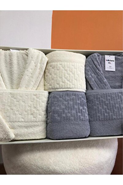 Çeyiz Diyarı Su Yolu 8 Piece Family Bathrobe Set Cream - Light Gray