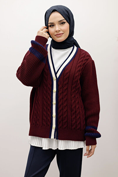Tesettür Dünyası Hair Braid Patterned Knitwear Cardigan Tsd250255 Claret Red