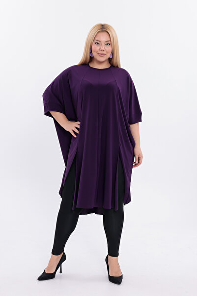 HELVEYS Special Design Slit Sleeves Detailed Flexible Stretch Fabric Sandy Fabric Midi Length Plus Size Dress 5007