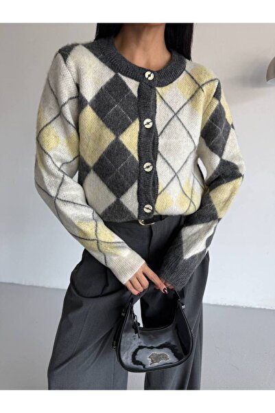 ossons Baklava Patterned Crew Neck Jacquard Cardigan