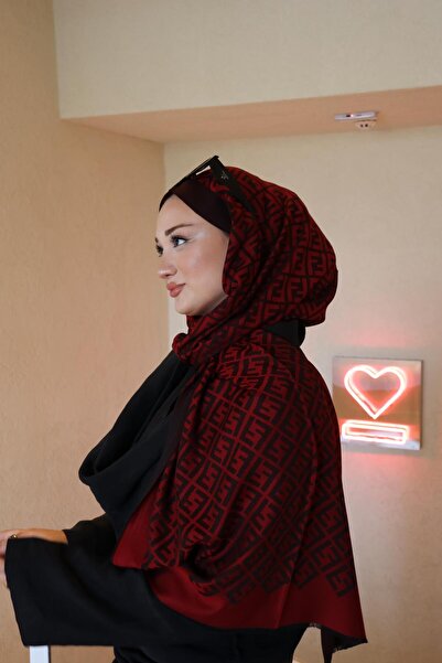 Şalland F Pattern Wool Cashmere Shawl Burgundy Black