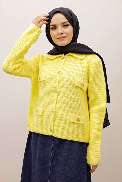 Tesettür Dünyası Ornamental Pocketed Knitwear Cardigan Tsd250243 Yellow